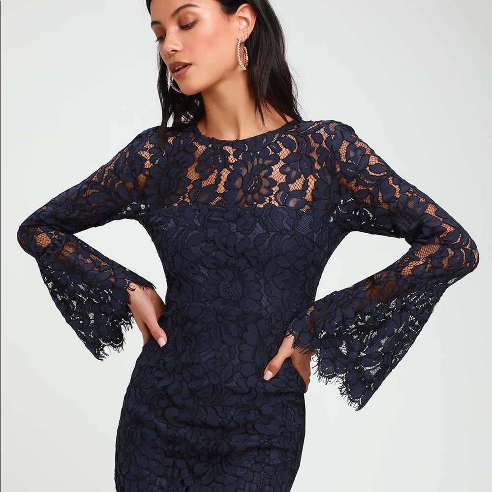Lulus Lace Navy Mesh Long Sleeves Midi Dress
